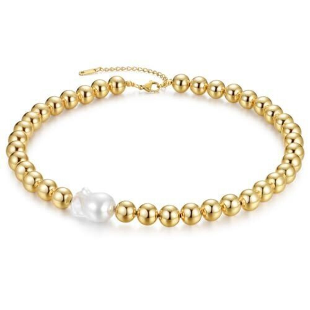 6810 Single Baroque Pearl Choker Necklace 18K Gold Plated Stainless Steel